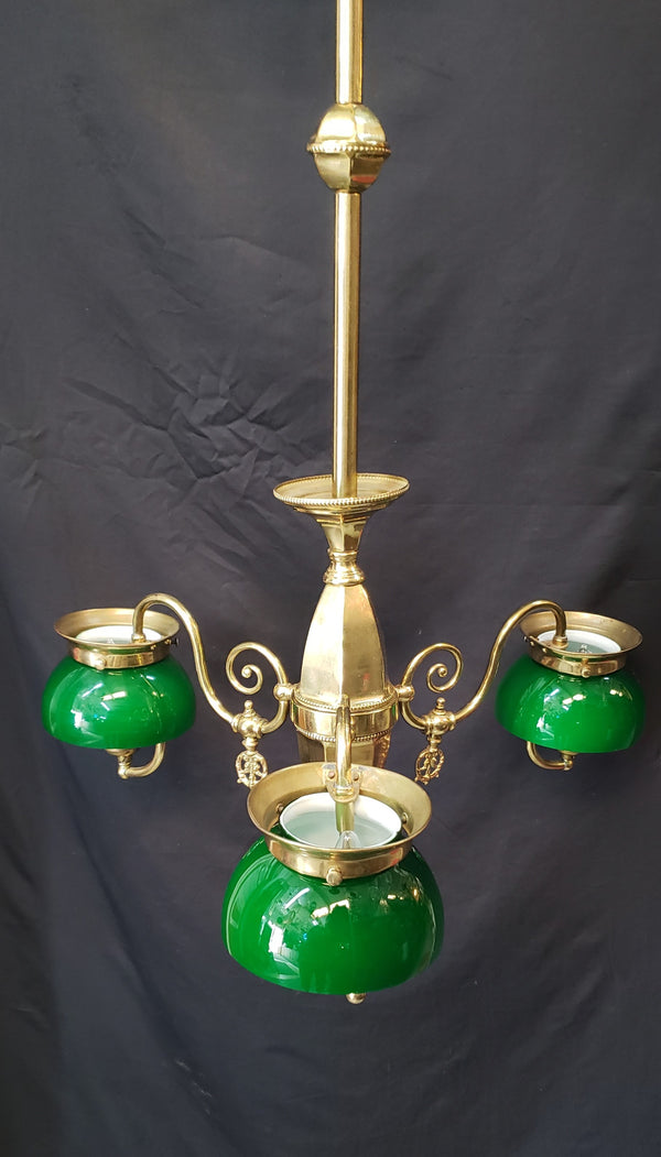 Restored & Converted Gas to Electric 3 Light Flush Mount Brass Chandelier w/ Green Cased White Shades GS00473