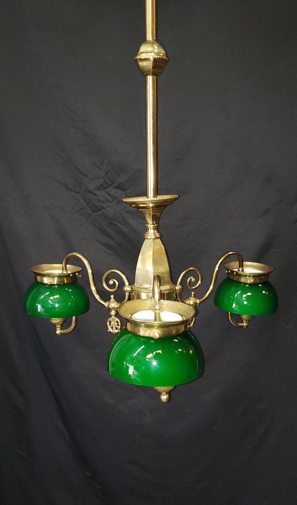 Restored & Converted Gas to Electric 3 Light Flush Mount Brass Chandelier w/ Green Cased White Shades GS00473