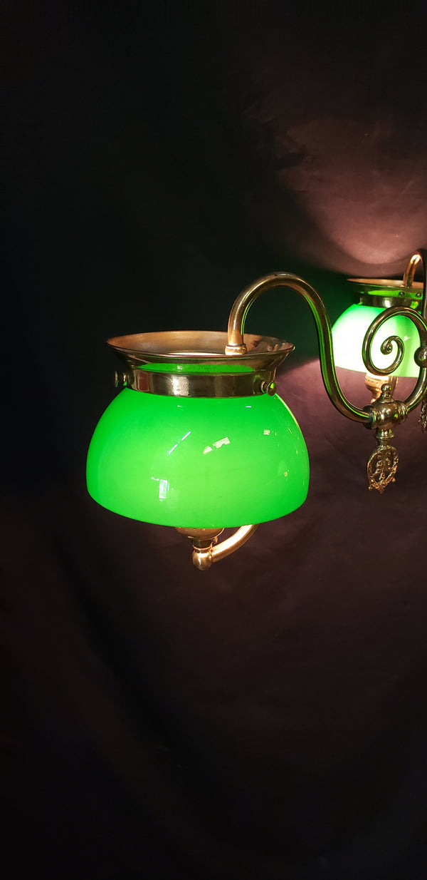Restored & Converted Gas to Electric 3 Light Flush Mount Brass Chandelier w/ Green Cased White Shades GS00473
