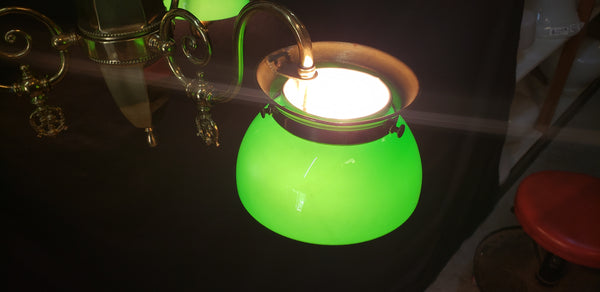 Restored & Converted Gas to Electric 3 Light Flush Mount Brass Chandelier w/ Green Cased White Shades GS00473
