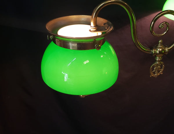 Restored & Converted Gas to Electric 3 Light Flush Mount Brass Chandelier w/ Green Cased White Shades GS00473