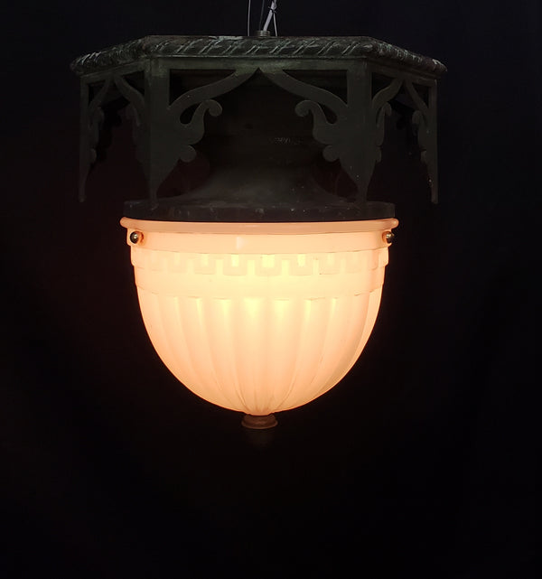 Restored Gothic Flush Mount Ceiling Light w/ Ornate Bronze Trim GS00475