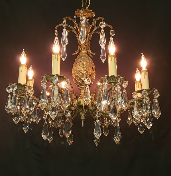 Restored Ornate 8 Light Crystal Prism & Brass Chandelier 21" x 21" GS00479