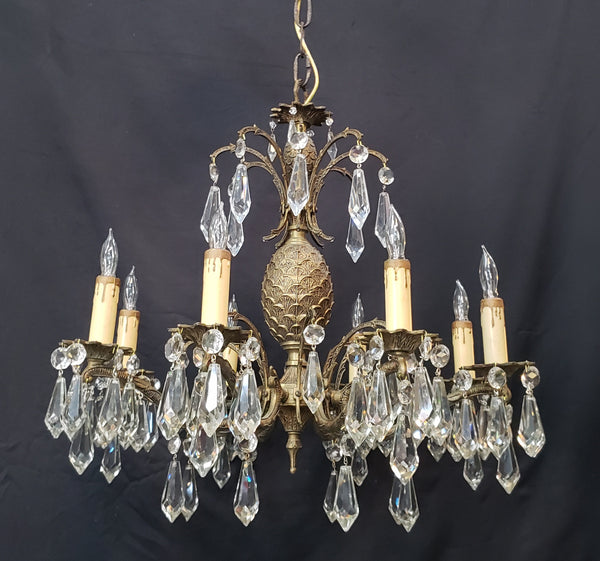 Restored Ornate 8 Light Crystal Prism & Brass Chandelier 21" x 21" GS00479