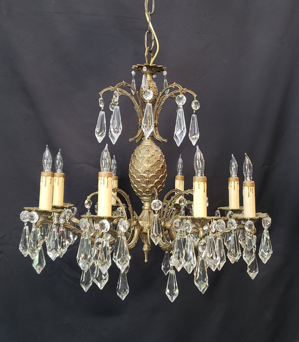 Restored Ornate 8 Light Crystal Prism & Brass Chandelier 21" x 21" GS00479