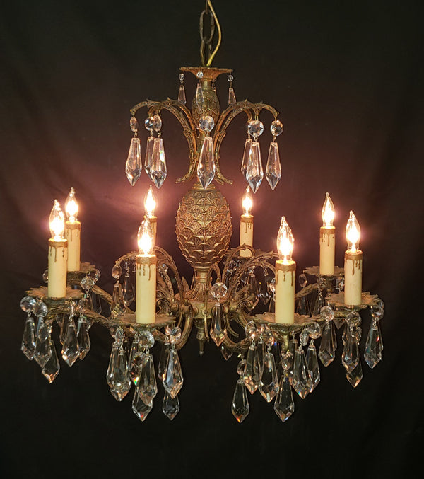 Restored Ornate 8 Light Crystal Prism & Brass Chandelier 21" x 21" GS00479