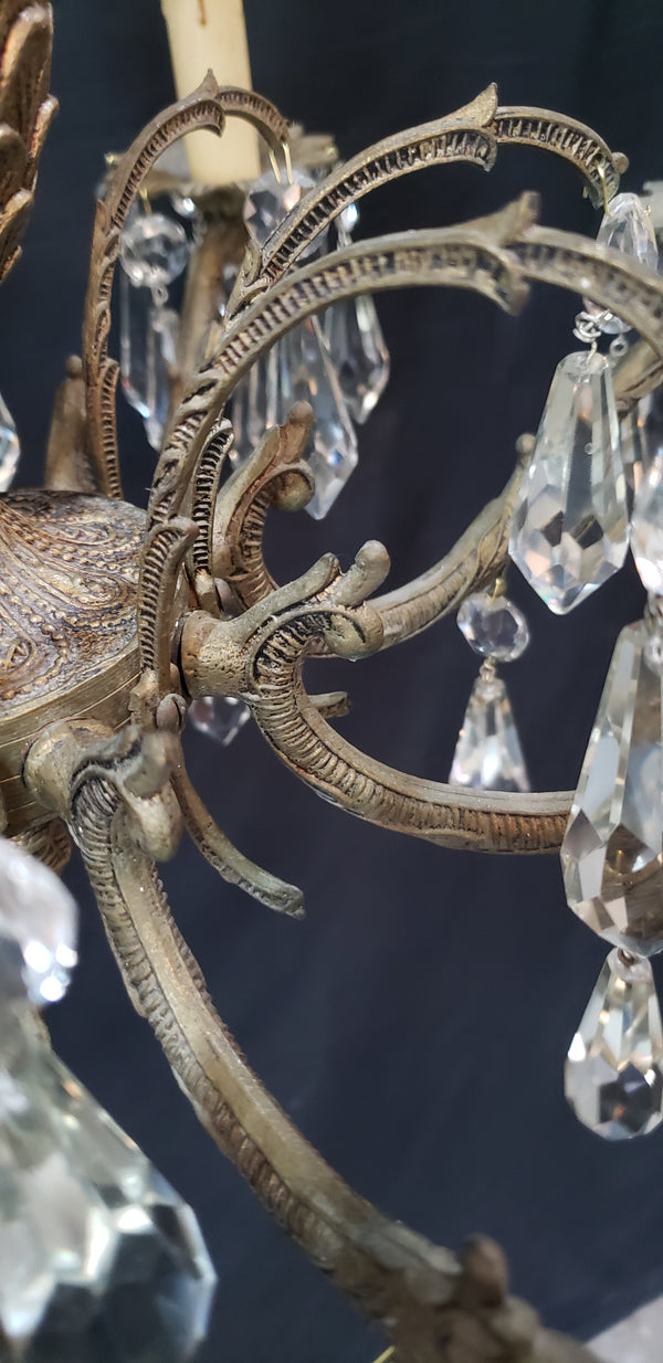 Restored Ornate 8 Light Crystal Prism & Brass Chandelier 21" x 21" GS00479
