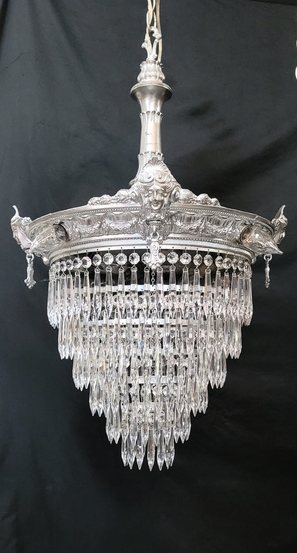 Restored 1920's 6 Tier Greek Inspired Flush Mount Crystal Chandelier GS00484