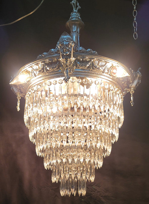 Restored 1920's 6 Tier Greek Inspired Flush Mount Crystal Chandelier GS00484