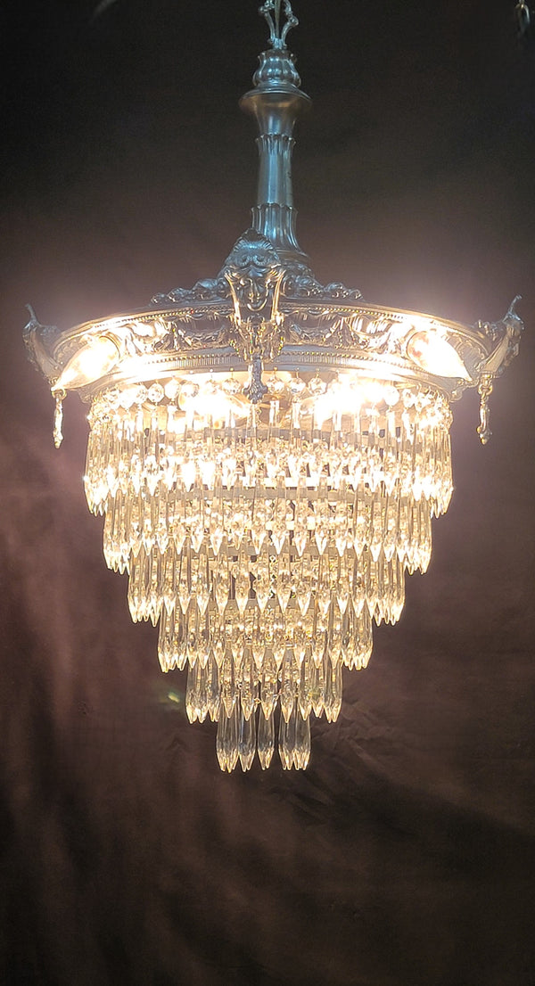 Restored 1920's 6 Tier Greek Inspired Flush Mount Crystal Chandelier GS00484