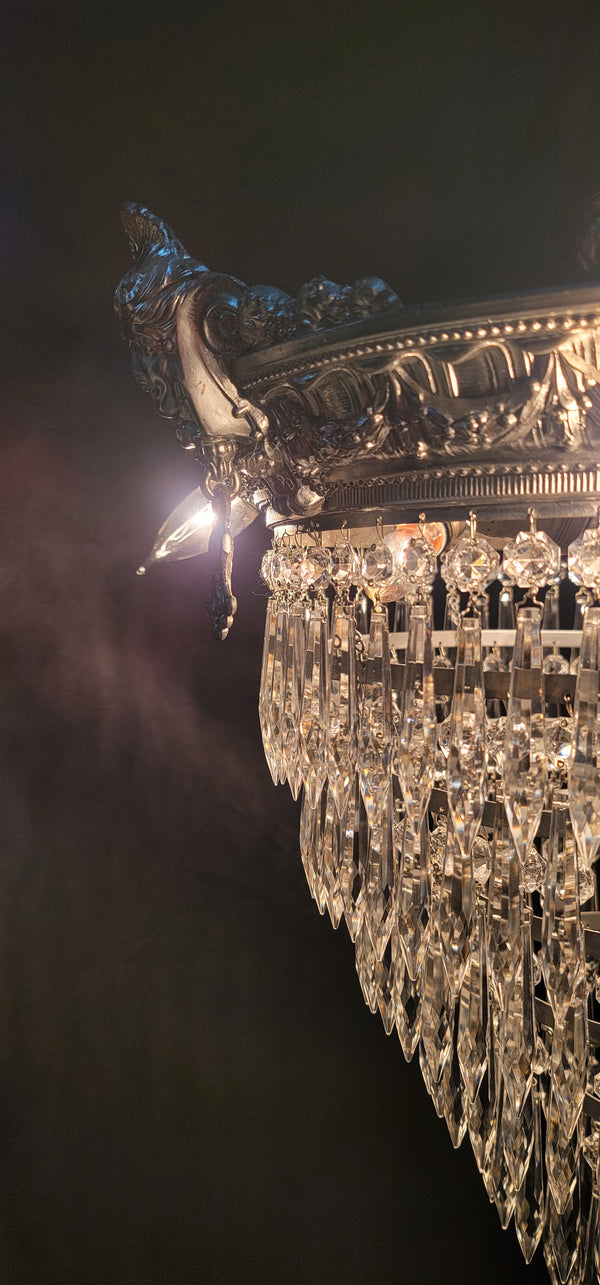 Restored 1920's 6 Tier Greek Inspired Flush Mount Crystal Chandelier GS00484