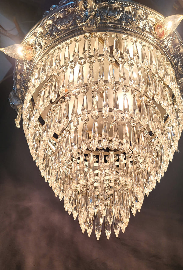 Restored 1920's 6 Tier Greek Inspired Flush Mount Crystal Chandelier GS00484