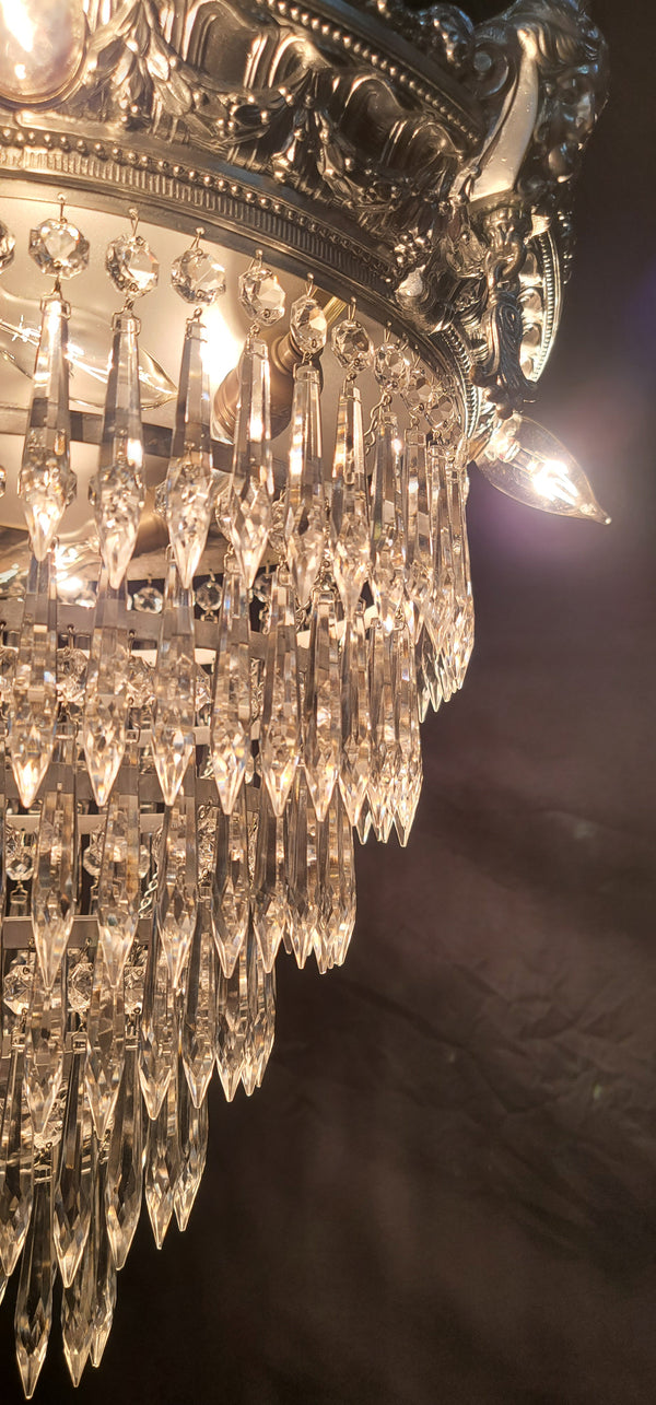 Restored 1920's 6 Tier Greek Inspired Flush Mount Crystal Chandelier GS00484