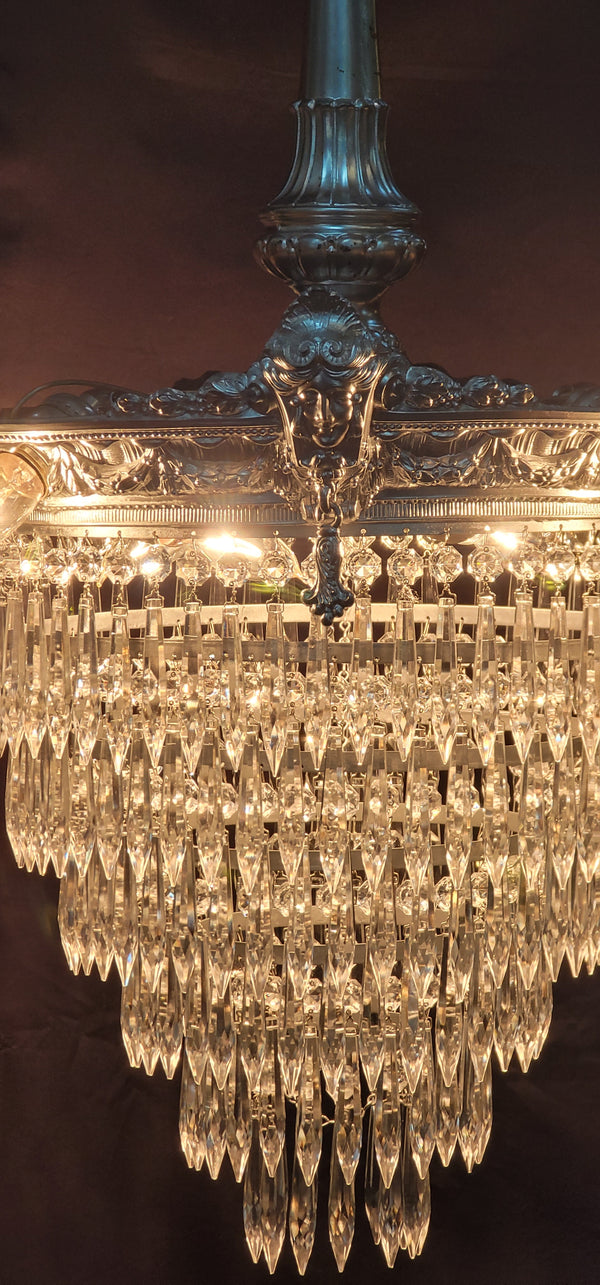 Restored 1920's 6 Tier Greek Inspired Flush Mount Crystal Chandelier GS00484