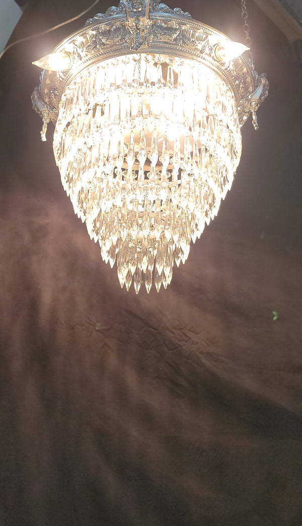 Restored 1920's 6 Tier Greek Inspired Flush Mount Crystal Chandelier GS00484