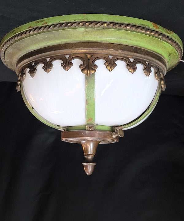 Restored Bronze & Slag Glass Gothic / Art Deco Flush Mount Ceiling Light GS00485