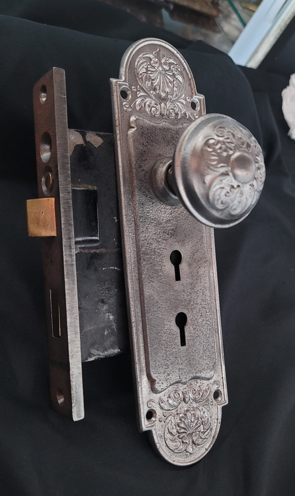Restored Art Nouveau Mortice Lock Set w/ Backplate Knob & Rosette GS00486