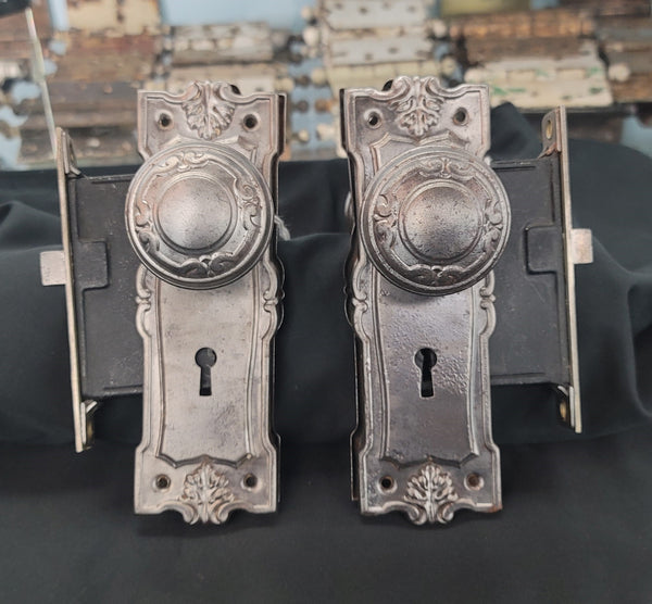 Pair of Restored Art Nouveau Mortice Lock Sets w/ Backplates & Knobs GS00483