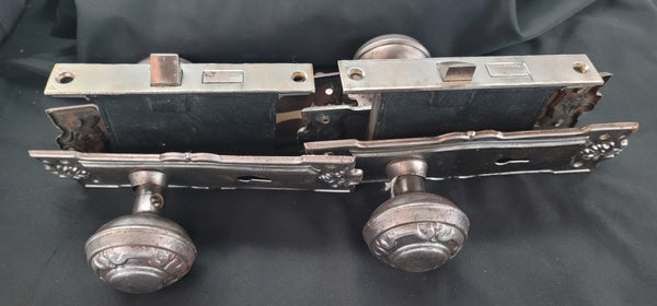 Pair of Restored Art Nouveau Mortice Lock Sets w/ Backplates & Knobs GS00483