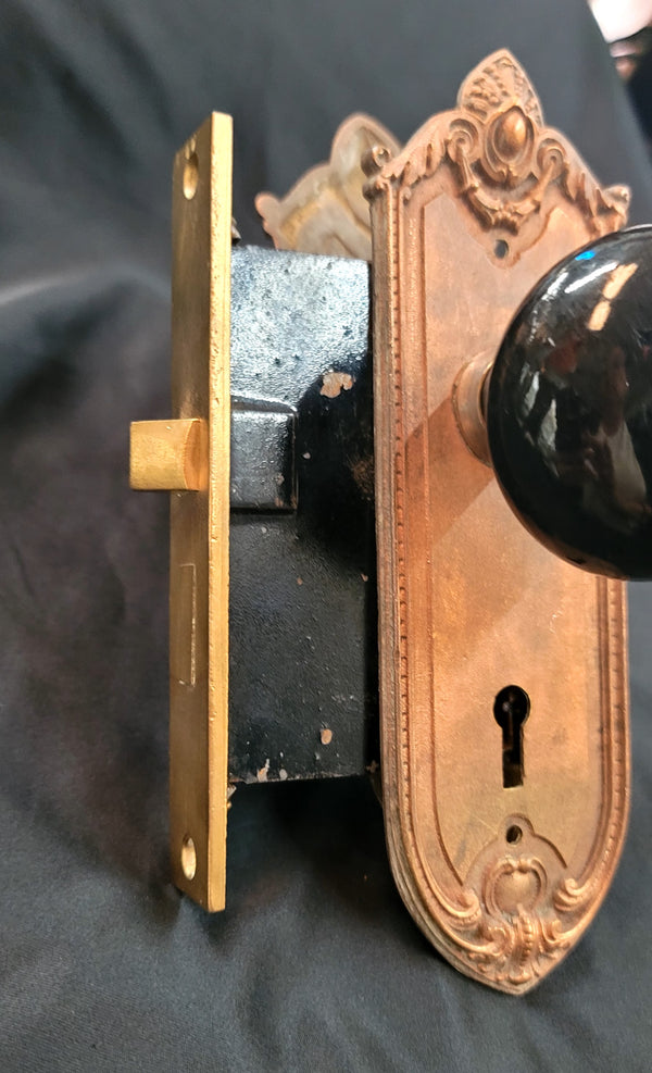 Restored Art Nouveau Mortice Lock Set w/ Backplates & Knobs GS00495