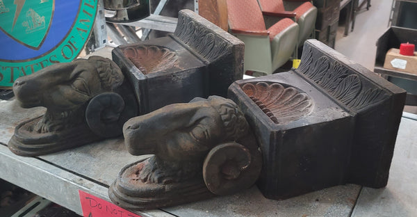 Rare Set of Ornate Cast Iron Rams Head Building Corbels 20" x 11 1/2" GS00576
