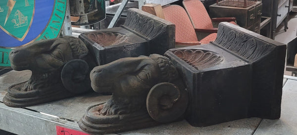 Rare Set of Ornate Cast Iron Rams Head Building Corbels 20" x 11 1/2" GS00576