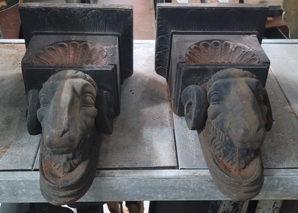Rare Set of Ornate Cast Iron Rams Head Building Corbels 20" x 11 1/2" GS00576