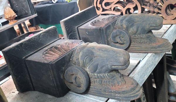 Rare Set of Ornate Cast Iron Rams Head Building Corbels 20" x 11 1/2" GS00576