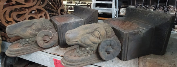 Rare Set of Ornate Cast Iron Rams Head Building Corbels 20" x 11 1/2" GS00576