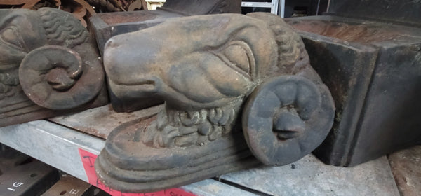 Rare Set of Ornate Cast Iron Rams Head Building Corbels 20" x 11 1/2" GS00576