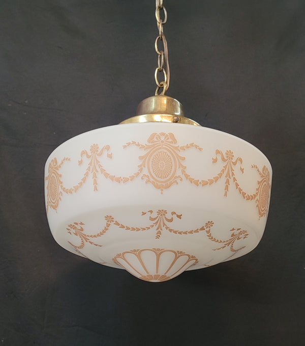 Vintage White Schoolhouse Pendant Light w/Brass Bell Shaped Fitter GS00645
