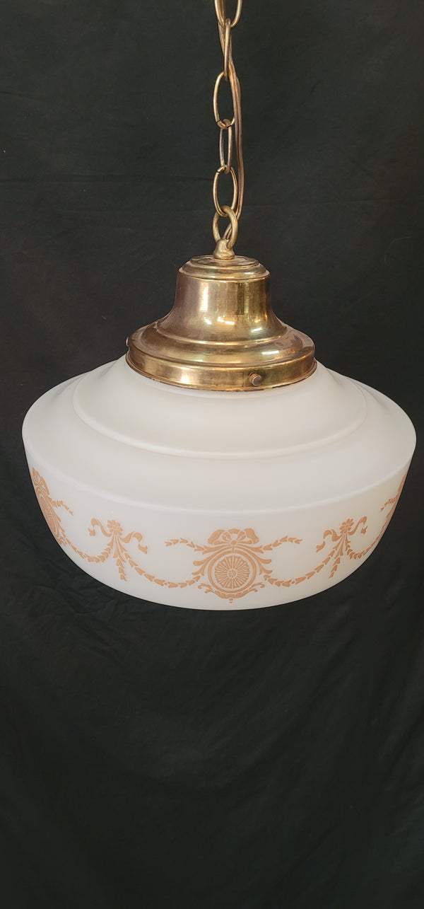 Vintage White Schoolhouse Pendant Light w/Brass Bell Shaped Fitter GS00645