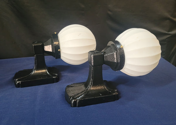 Pair of Restored Art Deco Cast Iron Sconces w/ 6" Ribbed White Globes GS00500