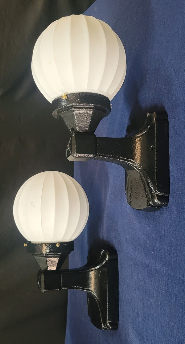 Pair of Restored Art Deco Cast Iron Sconces w/ 6" Ribbed White Globes GS00500