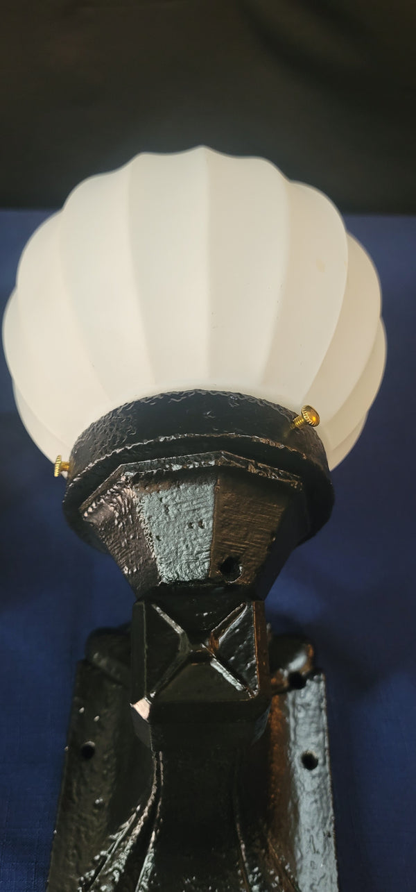 Pair of Restored Art Deco Cast Iron Sconces w/ 6" Ribbed White Globes GS00500