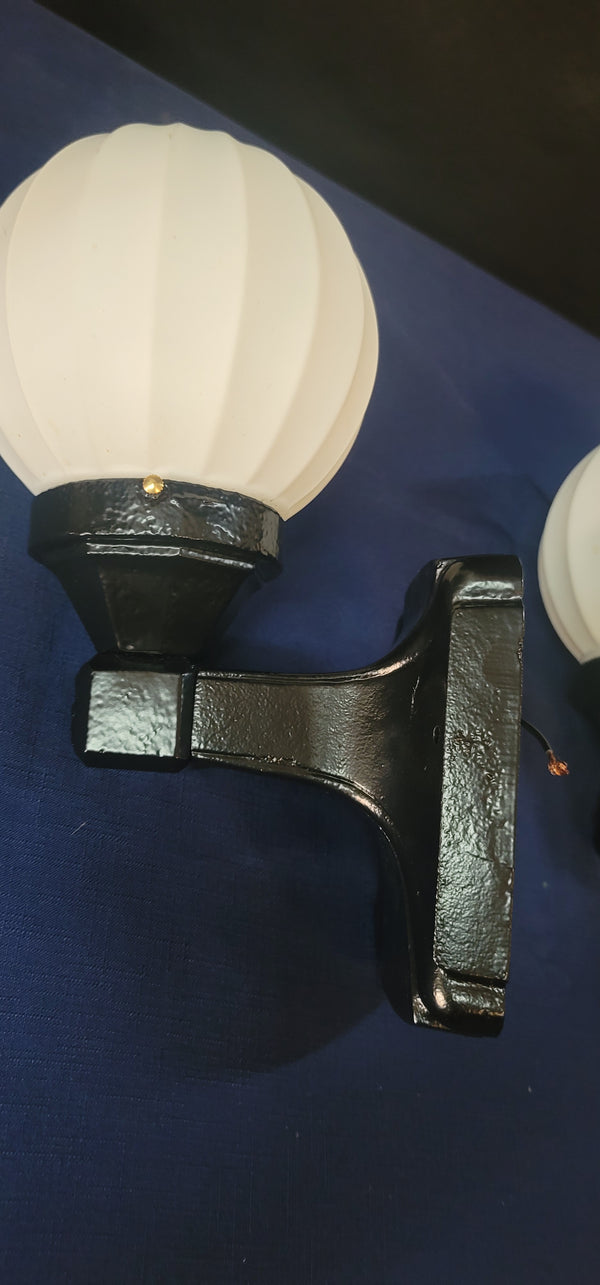 Pair of Restored Art Deco Cast Iron Sconces w/ 6" Ribbed White Globes GS00500