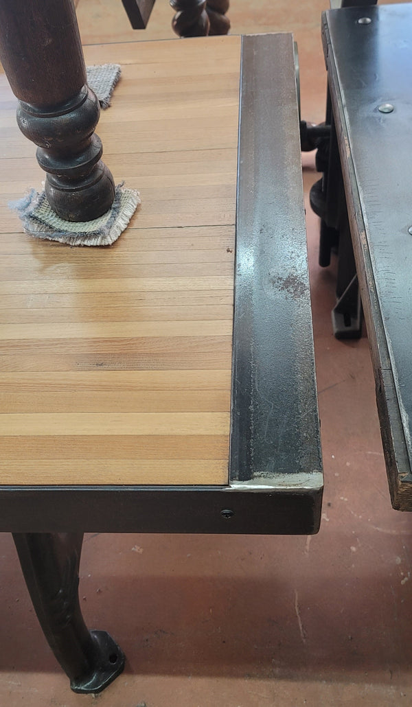Reclaimed Bowling Alley Table w/ Industrial Cast Iron Base 86 1/2" x 30" GS00834