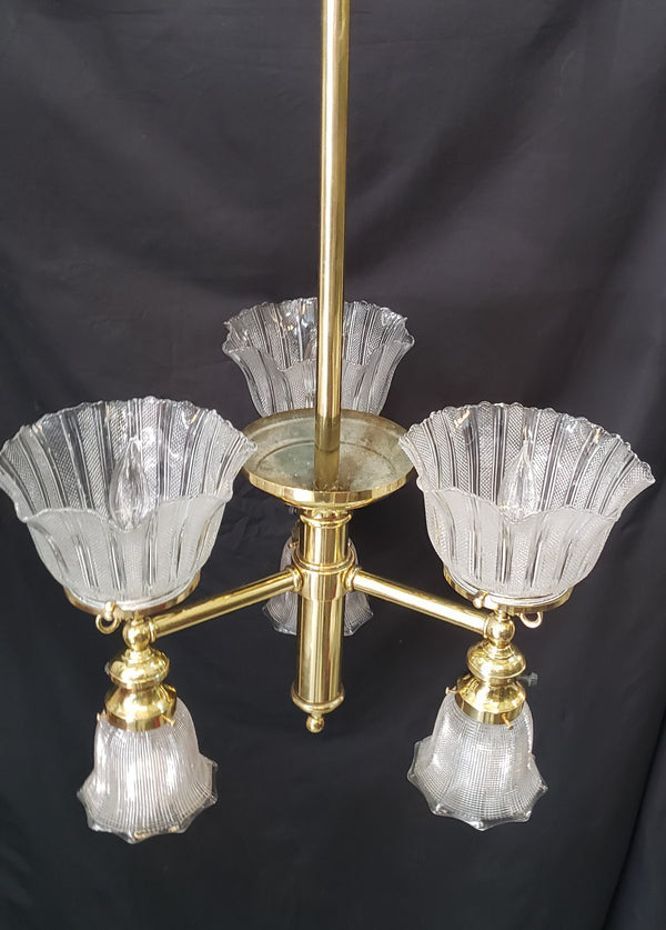 Restored 6 Light Chandelier w/ Fluted Holophane Shades 31 3/4" x 16" GS00920