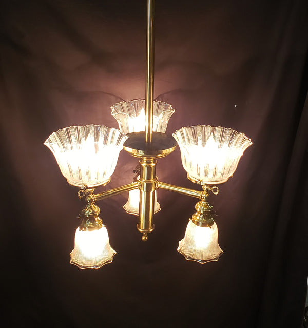 Restored 6 Light Chandelier w/ Fluted Holophane Shades 31 3/4" x 16" GS00920