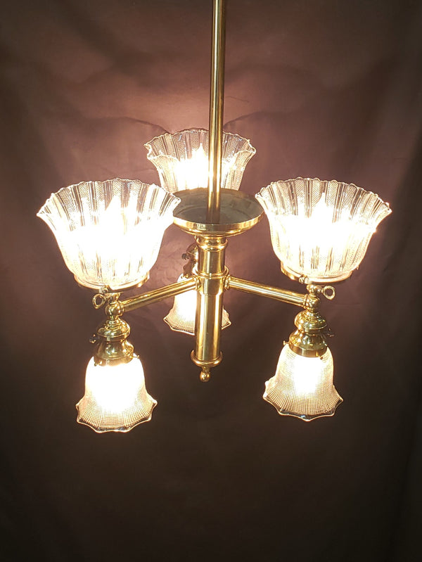 Restored 6 Light Chandelier w/ Fluted Holophane Shades 31 3/4" x 16" GS00920