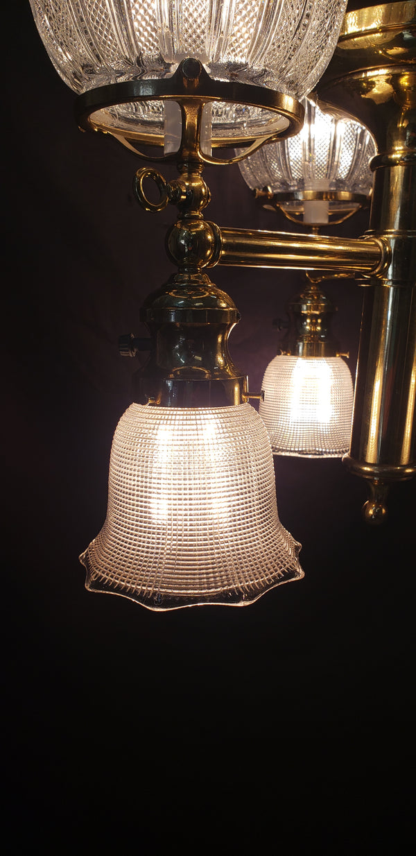 Restored 6 Light Chandelier w/ Fluted Holophane Shades 31 3/4" x 16" GS00920