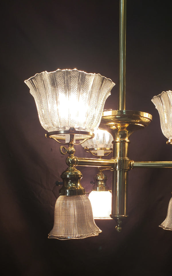 Restored 6 Light Chandelier w/ Fluted Holophane Shades 31 3/4" x 16" GS00920