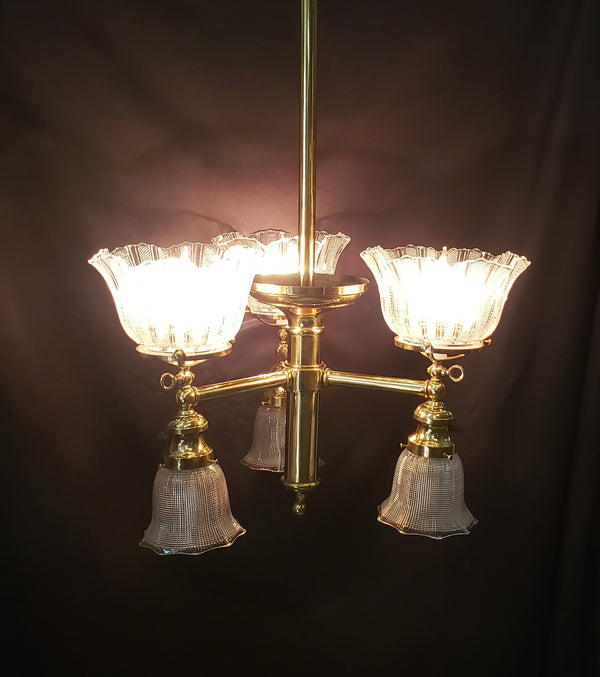 Restored 6 Light Chandelier w/ Fluted Holophane Shades 31 3/4" x 16" GS00920