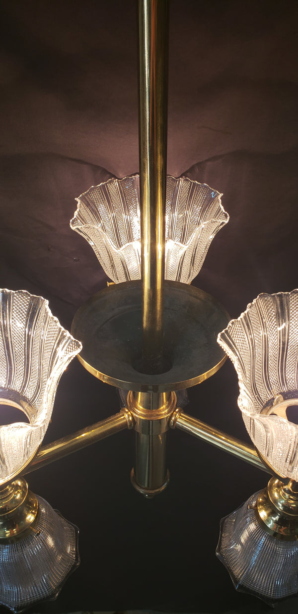 Restored 6 Light Chandelier w/ Fluted Holophane Shades 31 3/4" x 16" GS00920
