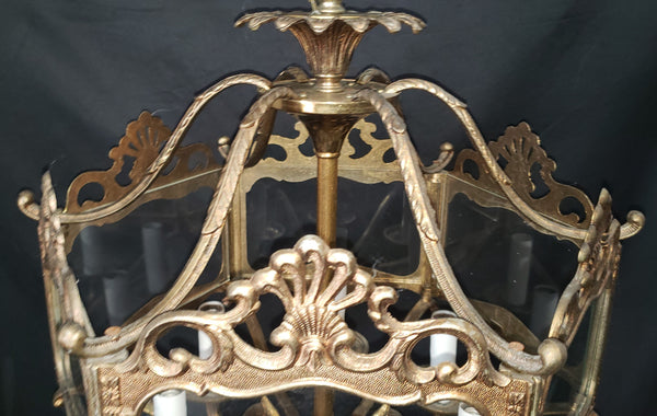 Hexagon Shaped 6 Light Ornate Brass & Glass Chandelier 19"x 17" GS00921