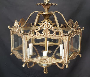 Hexagon Shaped 6 Light Ornate Brass & Glass Chandelier 19