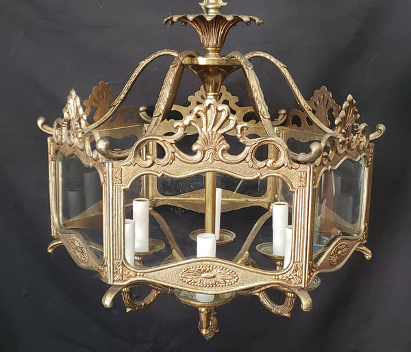 Hexagon Shaped 6 Light Ornate Brass & Glass Chandelier 19"x 17" GS00921