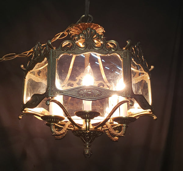 Hexagon Shaped 6 Light Ornate Brass & Glass Chandelier 19"x 17" GS00921