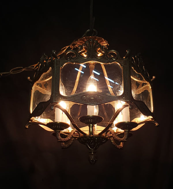 Hexagon Shaped 6 Light Ornate Brass & Glass Chandelier 19"x 17" GS00921