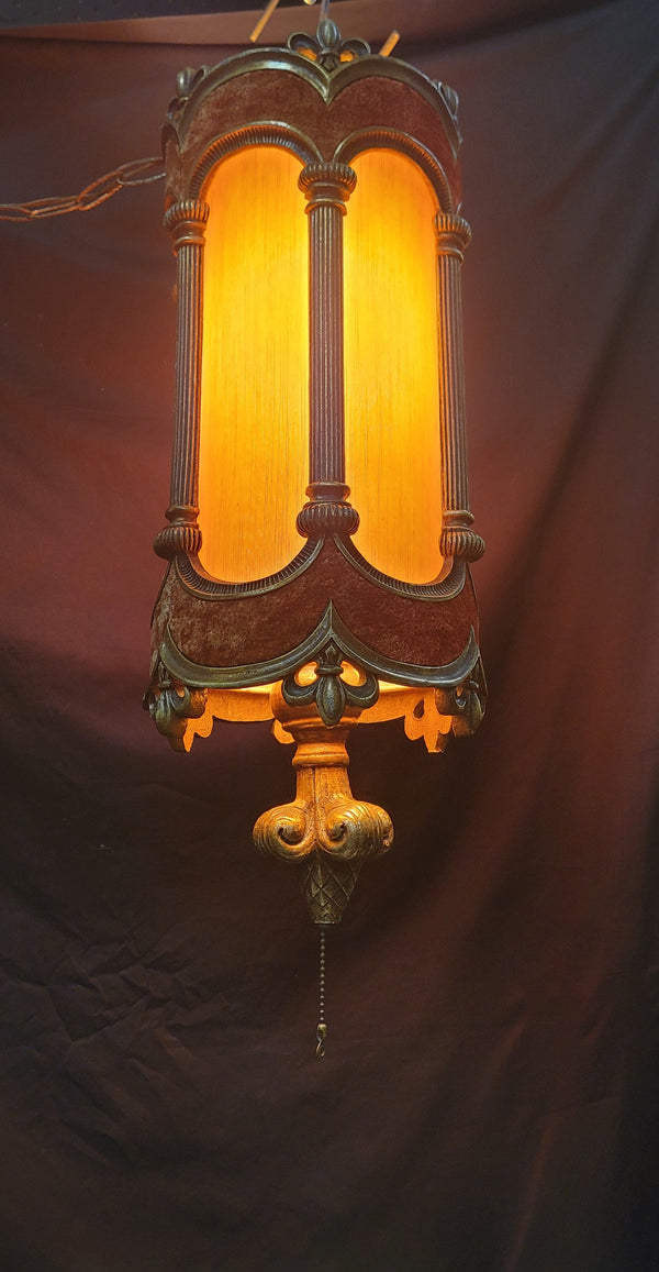Vintage Cylinder Swag Pendant Light w/ Red Velvet Trim 24 1/2"x 9 1/2" GS00924
